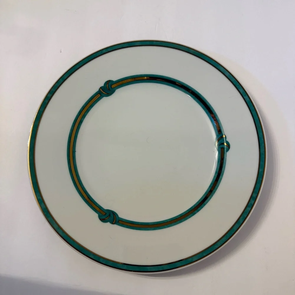 CHRISTOFLE RUBANEA VERT DINNER PLATE PORCELAIN WHITE GREEN GOLD FRANCE 10.5”
